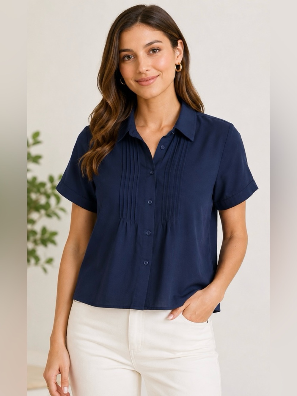 TravelSmith Navy Blue Short Sleeve Button Front Pleated Blouse Top Small